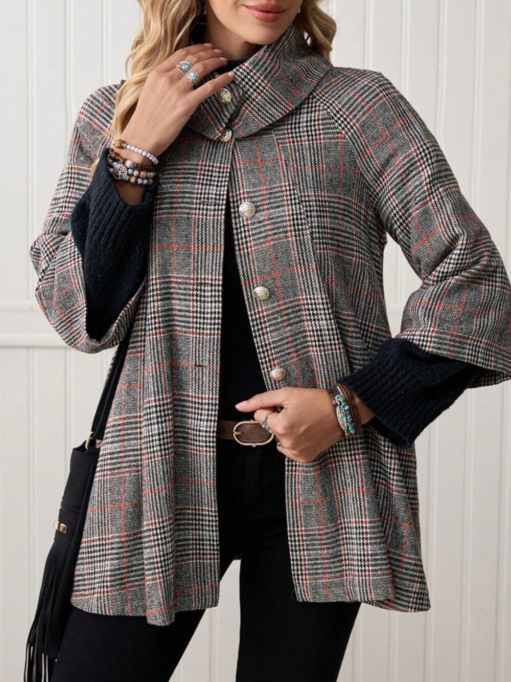 Grey Casual Women's Elegant Plaid Regular Fit Loose Hem Jacket - Picture 4 of 8